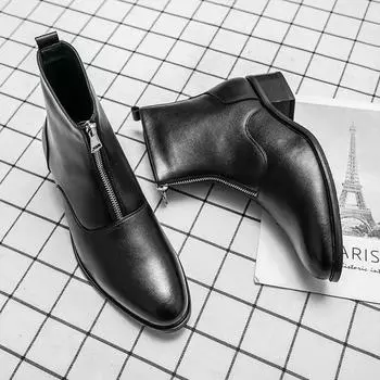 Мода Весна Зима Элегантные Ботинки Челси Кожаные Мужские Туфли Слипоны Молния Платье Формальные Ботинки Мужские Ботинки Обувь для Мужчин Ботинки Челси 37 чёрный