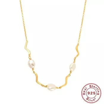 Мода Ветер S925 Стерлинговое Серебро Винтаж Мода Волны Неправильный Жемчуг Женское Ожерелье на Ключицу 925 silver золотой