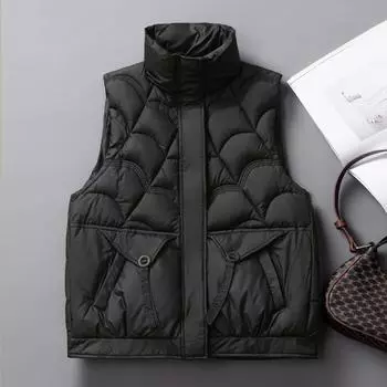 МОДА Ветровка хлопковый жилет женский 2024 зима воротник стойка утолщенный хлопковый жилет жилет без рукавов хлеб женская одежда M чёрный