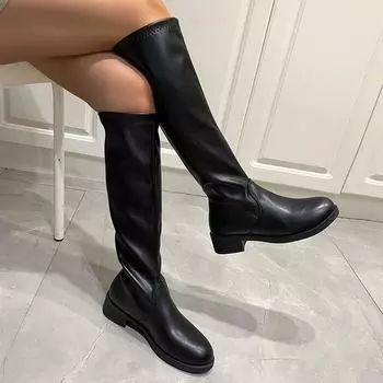 мода Винтаж Мягкая кожа Женские сапоги до колена Элегантные туфли на низком каблуке Женские лаконичные длинные Botas De Mujer 35 чёрный