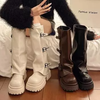 мода Винтаж пряжка ремня женские сапоги в стиле вестерн ковбойские сапоги модные туфли на платформе толстый каблук женские лаконичные длинные Botas De Mujer 35 коричневый