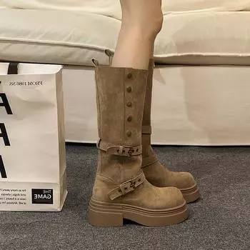 мода Винтаж рыцарь женские сапоги до середины голени мода слипоны длинные сапоги осень зима толстые каблуки женская обувь 35 хаки