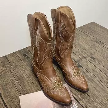 мода Винтаж Вышивка Женщины Вестерн ковбойские сапоги Модные Элегантные туфли без застежек Квадратные каблуки Дамы Рыцарь Длинные туфли 35 коричневый