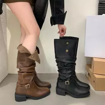 мода Винтаж Женские сапоги до колена в стиле вестерн Модные туфли с пряжкой на ремне Осень Зима Laides Concise Длинные Botas De Mujer 35 коричневый