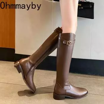 мода Винтаж Женские тонкие сапоги до колена Модные туфли с пряжкой на ремне Осень Зима Низкий каблук Дамы Стрейч Современные длинные сапоги 35 коричневый