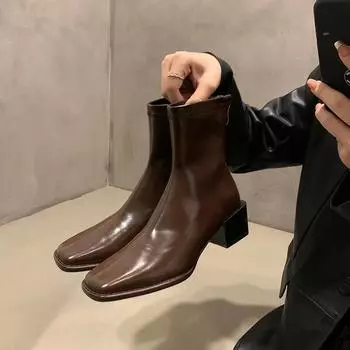 мода Винтаж Зима Квадратный носок Женские ботильоны Модные молнии Короткие ботильоны Дизайнер Толстые каблуки Botas De Mujer 35 коричневый