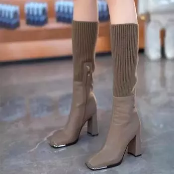 мода Винтаж Зимние женские сапоги до колена Модные вязаные сапоги с квадратным носком Длинные сапоги Дизайнерские туфли на высоком каблуке Botas De Mujer 35 хаки