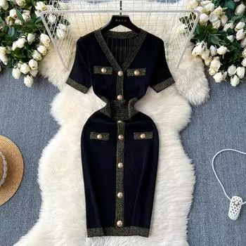 МОДА Винтажное шикарное платье с коротким рукавом и V-образным вырезом на пуговицах, милое трикотажное платье Vestidos, корейская мода, вечерние, простые, тонкие, летние, элегантные женские платья One Size розовый