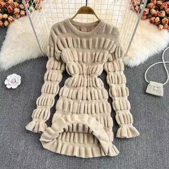 МОДА Винтажное женское платье корейское О-образный вырез длинный рукав трикотажные платья женские 2024 осень зима One Size хаки