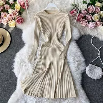 МОДА Винтажное женское платье однотонное с круглым вырезом и длинным рукавом трикотажное платье женское с высокой талией узкое А-силуэт макси платья 2024 осень One Size розовый