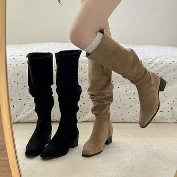 мода Винтажные эластичные женские сапоги до колена Модные плиссированные длинные сапоги Женская повседневная обувь на низком каблуке 35 хаки