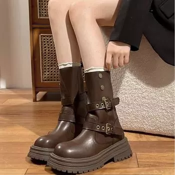 мода Винтажные черные женские сапоги в стиле ковбойши Модные сапоги с пряжкой на поясе Рыцарь Ботильоны средней длины женские элегантные толстые каблуки Botas Mujer 35 коричневый