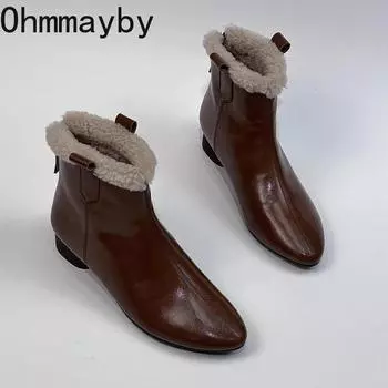 мода Винтажные теплые меховые женские ботильоны модные молнии сзади обувь осень зима толстый каблук женские элегантные короткие ботильоны 35 коричневый