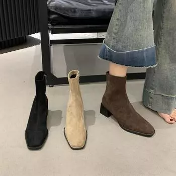 мода Винтажные женские ботильоны Модные квадратные носки Короткие ботильоны Осень Зима Толстый каблук Женская обувь Botas Mujer 35 кофейный