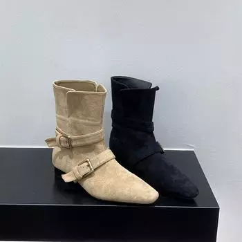 мода Винтажные женские сапоги в стиле ковбойши Модные короткие ботильоны с пряжкой на поясе Женские лаконичные квадратные туфли на низком каблуке 35 хаки