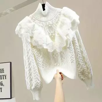 МОДА Водолазка Простой однотонный цветочный свитер Элегантный универсальный зимний утолщенный свитер 2024 Новый выходной свитер женские топы One Size синий