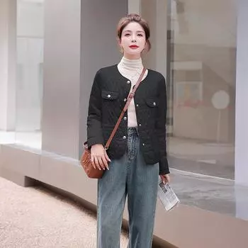 МОДА Вышивка стеганая нить маленькая ароматная ветровая легкая куртка женская 2024 ранняя зима новый темперамент короткая белая гусиная пуховая куртка одежда S чёрный