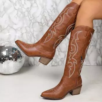 мода Вышивка Женские Острые Носки Высокие Сапоги Зимние Дизайнерские Туфли На Среднем Каблуке Женские Тенденции 2024 Прогулочные Туфли Туфли-лодочки Mujer Chelsea Botas 36 темно-коричневого