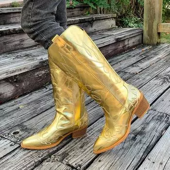 мода Вышивка Женские высокие сапоги Роскошные остроносые туфли на высоком каблуке 2025 года Новые тенденции Туфли-лодочки Высокие Челси Зимняя мода Botas Mujer 36 золотой