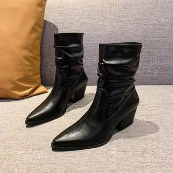 мода Высокие каблуки ботильоны сексуальные остроносые кожаные туфли 2025 тренд зима дизайнер новая мода панк гладиатор толстые ботинки женские 35 чёрный