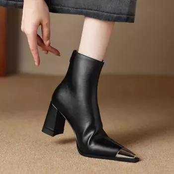 мода Высокие каблуки Ботильоны женские сапоги сексуальные остроносые массивные туфли зима 2025 новые элегантные офисные туфли трендовые туфли челси Botas Mujer 34 чёрный