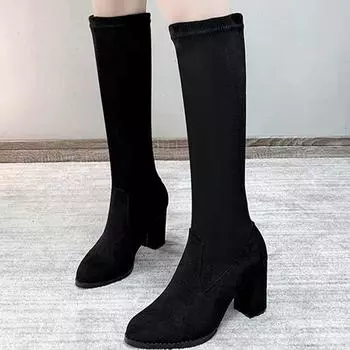 мода Высокие каблуки Элегантные женские замшевые высокие сапоги зимние туфли до колена женские 2024 трендовые туфли для ходьбы туфли-лодочки сексуальные женские туфли-лодочки 35 чёрный