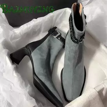 мода Высокие каблуки квадратный носок ботильоны женская обувь 2025 тренд мода молния зрелые офисные ботинки новые элегантные туфли выпускного вечера женские ботинки 35 чёрный