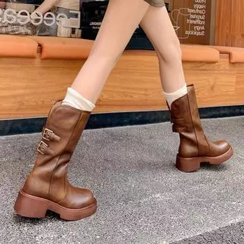 мода Высокие каблуки Платформа Женские ботильоны Кожаная обувь Зима 2025 Новая мода Повседневные массивные ботинки Челси Зимние ботинки Туфли-лодочки Botas Mujer 35 чёрный