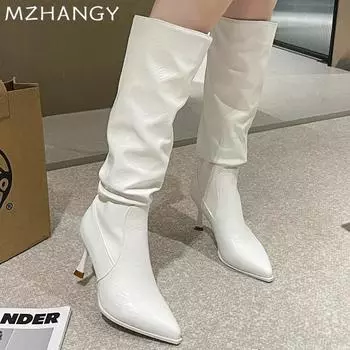 мода Высокие каблуки с острым носком женские высокие сапоги кожаные туфли зимняя обувь для вечеринок женские туфли 2024 трендовые туфли туфли на высоком каблуке элегантные женские туфли 35 чёрный