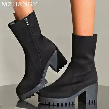 мода Высокие каблуки замшевые ботильоны мода массивная обувь женщина 2024 тренд туфли-лодочки зимние ботинки зимние прогулки новые мотоциклетные ботинки Mujer 35 чёрный