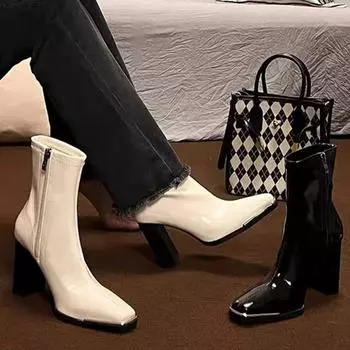 мода Высокие каблуки Женские ботильоны Кожаная обувь Зимняя модная обувь Женская 2024 Тренд Новая обувь для ходьбы Туфли-лодочки Платье Mujer Zapatos 35 бежевый