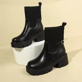 мода Высокие каблуки женские ботильоны мода зимняя платформа вязание обувь женский бренд зима 2025 тренд элегантные офисные туфли Botas Mujer 35 чёрный
