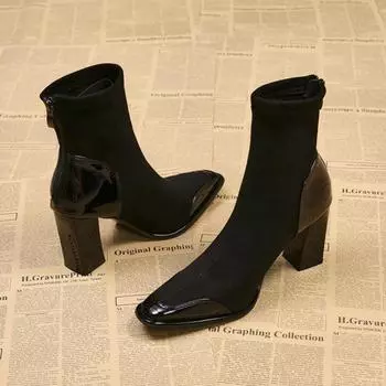 мода Высокие каблуки женские ботильоны мода квадратный носок замшевые туфли зима 2025 тренд элегантные офисные туфли вечерние сексуальные туфли-лодочки Botas Mujer 35 чёрный
