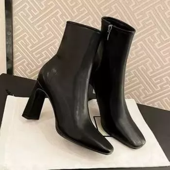 мода Высокие каблуки женские ботильоны мода квадратный носок кожаные туфли зима 2025 тренд массивные офисные туфли элегантные туфли-лодочки Botas Mujer 35 бежевый