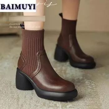 мода Высокие каблуки Женские ботильоны на платформе Брендовая мода 2024 года Женские туфли на платформе с носком Зимние сапоги Офисные женские ботинки 35 чёрный