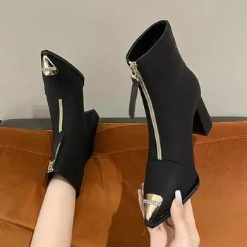 мода Высокие каблуки женские ботильоны роскошные заостренные носки элегантные кожаные туфли зима 2025 тренд офисные туфли-лодочки массивные Botas Mujer 35 бежевый