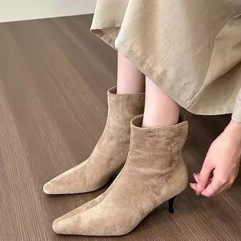 мода Высокие каблуки Женские ботильоны Замшевые туфли с острым носком Дизайнерская обувь Женская мода 2024 года Новые туфли для вечеринок Туфли-лодочки Платье Femme Zapatos 35 хаки