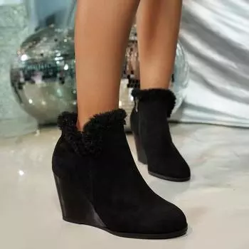 мода Высокие каблуки женские меховые зимние ботильоны зимние замшевые теплые плюшевые туфли на танкетке 2025 тренд новые офисные туфли туфли-лодочки для вечеринок Botas Mujer 35 чёрный
