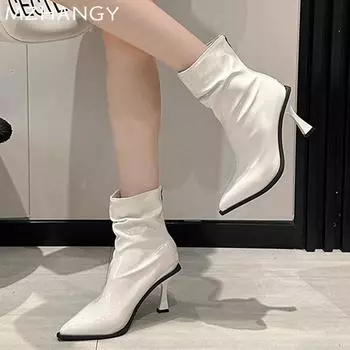 мода Высокие каблуки Женские остроносые зимние ботильоны Кожаные сексуальные туфли Зимние новые модные ботинки 2024 года Дизайнерские туфли-лодочки Botas Mujer 35 чёрный