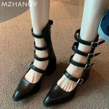 мода Высокие каблуки Женские туфли с острым носком из кожи Дизайнерские новые массивные сандалии Женские туфли 2024 года Трендовые туфли Туфли-лодочки Осень Mujer Zapatos 35 чёрный
