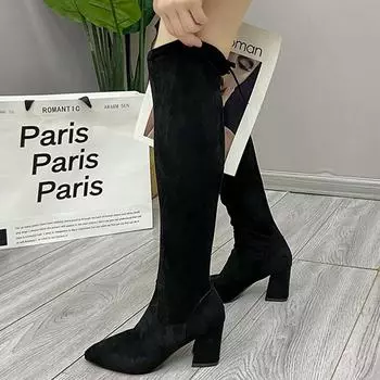мода Высокие каблуки Женские замшевые сапоги с острым носком Зимняя мода Обувь для вечеринок Женские 2024 Трендовые зимние сапоги Туфли-лодочки Сексуальные Mujer Zapatos 34 чёрный