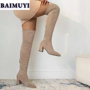 мода Высокие сапоги выше колена Женские остроносые туфли на высоком каблуке Туфли Chelsea Snow Suede Chunky 2024 Trend Winter Warm Botas Mujer Pumps 35 абрикосовый