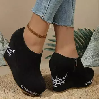 мода Высокий каблук танкетка женские сапоги леопардовый узор весна/осень 2024 модная женская обувь молния внутри повседневные сапоги с круглым носком 35 чёрный