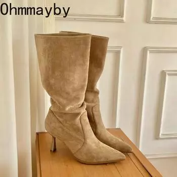мода Высокий каблук Женские сапоги в стиле вестерн ковбойские модные остроносые туфли осень-зима женские рыцарские полусапожки до середины голени 35 хаки