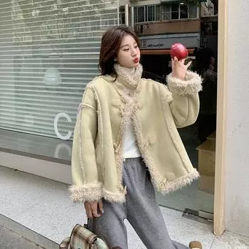 МОДА в иностранном стиле, маленькая меховая интегрированная куртка женская короткая 2024 зимняя новая утолщенная овечья шерсть, уменьшающая возраст Одежда S зелёный