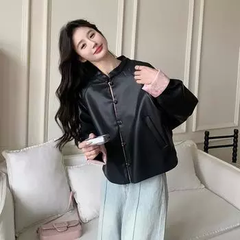 МОДА в национальном стиле куртка из искусственной кожи женская весна 2024 новый дизайн чувство новый китайский воротник-стойка контрастный цвет кожаная куртка верхняя одежда S чёрный