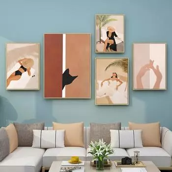 Мода в стиле бохо, летняя женская настенная живопись, пляжная черная кошка, холст, живопись, постеры на скандинавскую тему и принты, картинки для декора гостиной 21cm30cm NoFrame