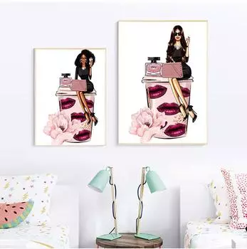 Мода Wall Art Печать на холсте Девушка Цветок Париж Парфюм Сумочка Плакаты на скандинавскую тему и принты Настенная картина для декора гостиной Без рамки 21*30cm