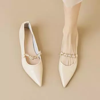 мода весна 2024 новые женские туфли на плоской подошве в британском стиле с черной металлической цепочкой для работы и вечеринок женские повседневные туфли-лодочки с острым носком 35 слоновая кость