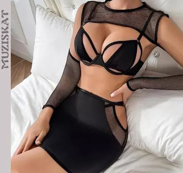 мода весна 2024 сексуальный сетчатый ажурный длинный рукав халат пакет бедра короткая юбка эротический комплект из четырех предметов Onlyfans S